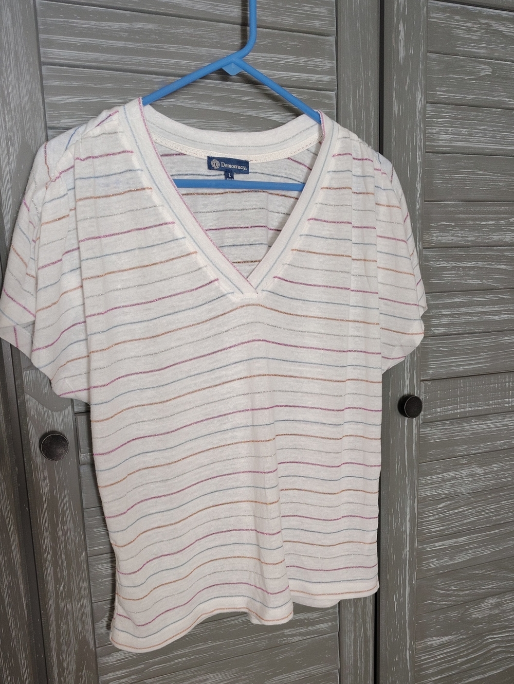Democracy Linen Blend Metallic Stripe V-neck Ruched Shoulder Top Size Large